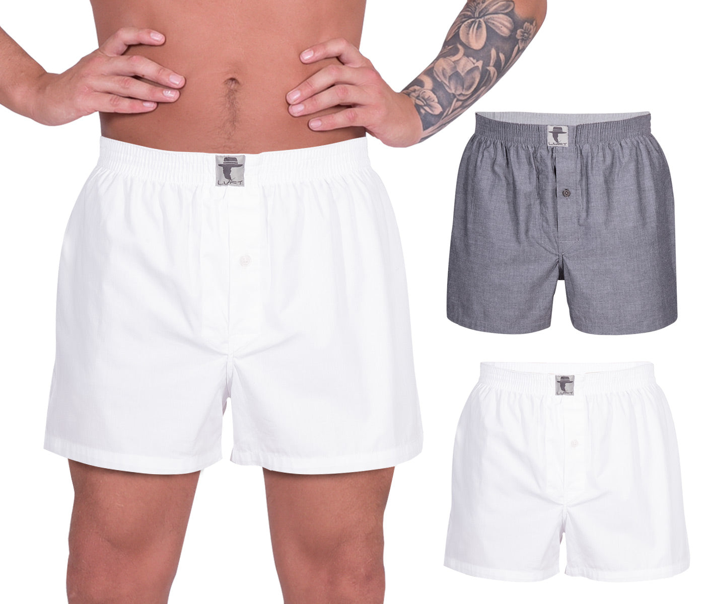 100% Mercerized Cotton Mens Boxer Shorts - White & Dark Gray Medium (2 Pack)